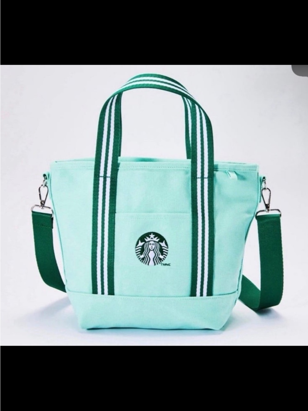 Starbucks Green Canvas Tote with Dark Green Striped Handles
